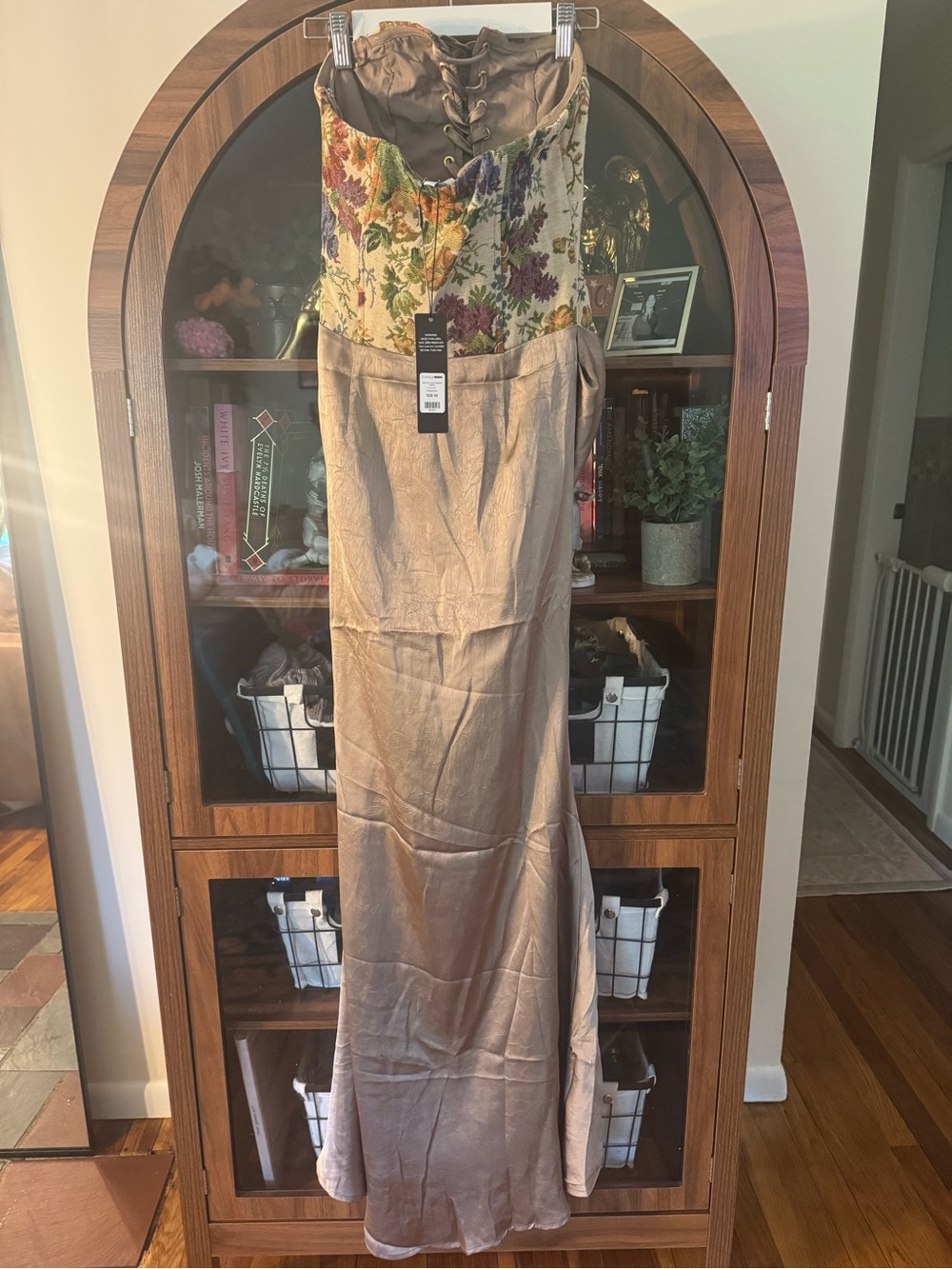 Fashion Nova Strapless Floral Corset with Taupe Satin Skirt - Picture 3 of 5